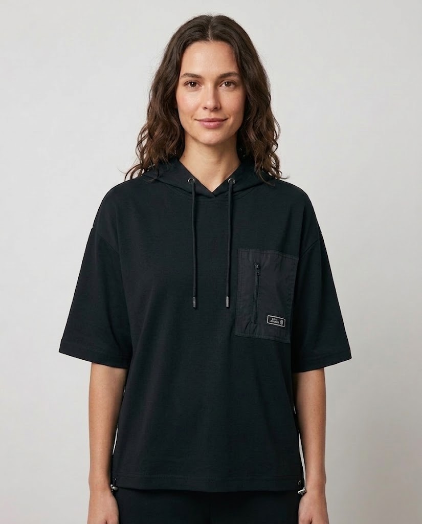 ON TRİKO Kapüşonlu Kısa Kollu Cepli Sweatshirt 16335 - Siyah