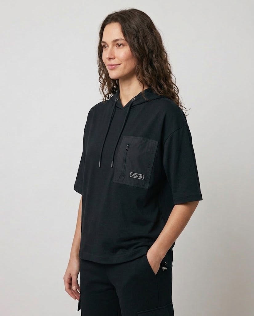 ON TRİKO Kapüşonlu Kısa Kollu Cepli Sweatshirt 16335 - Siyah