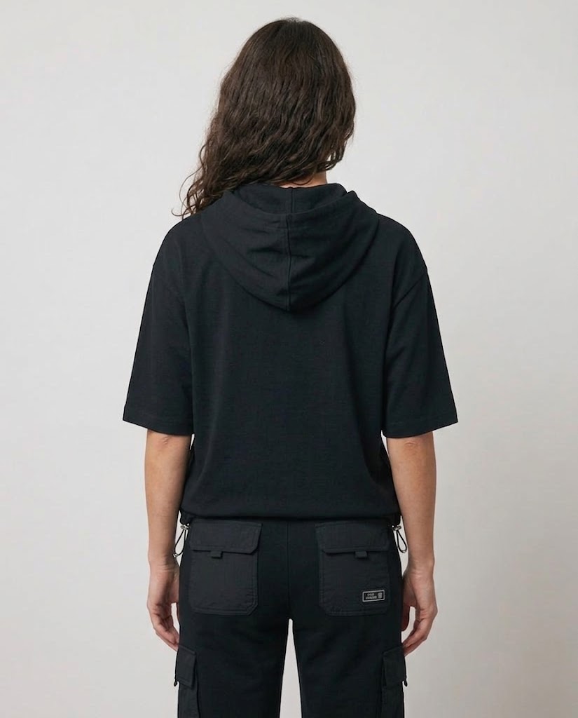 ON TRİKO Kapüşonlu Kısa Kollu Cepli Sweatshirt 16335 - Siyah