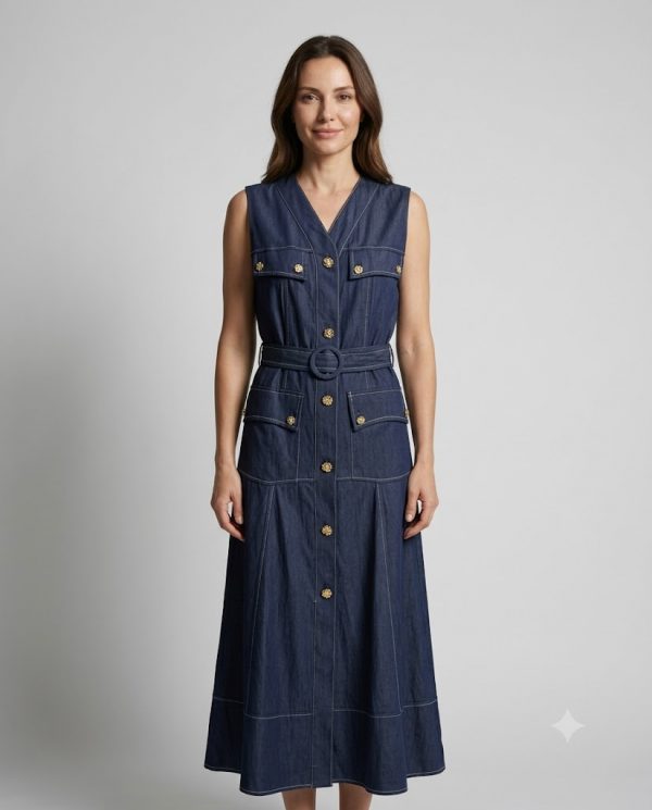 VENDİ MAQRELL Gold Düğme ve Kemer Detaylı Denim Maxi Elbise 1258