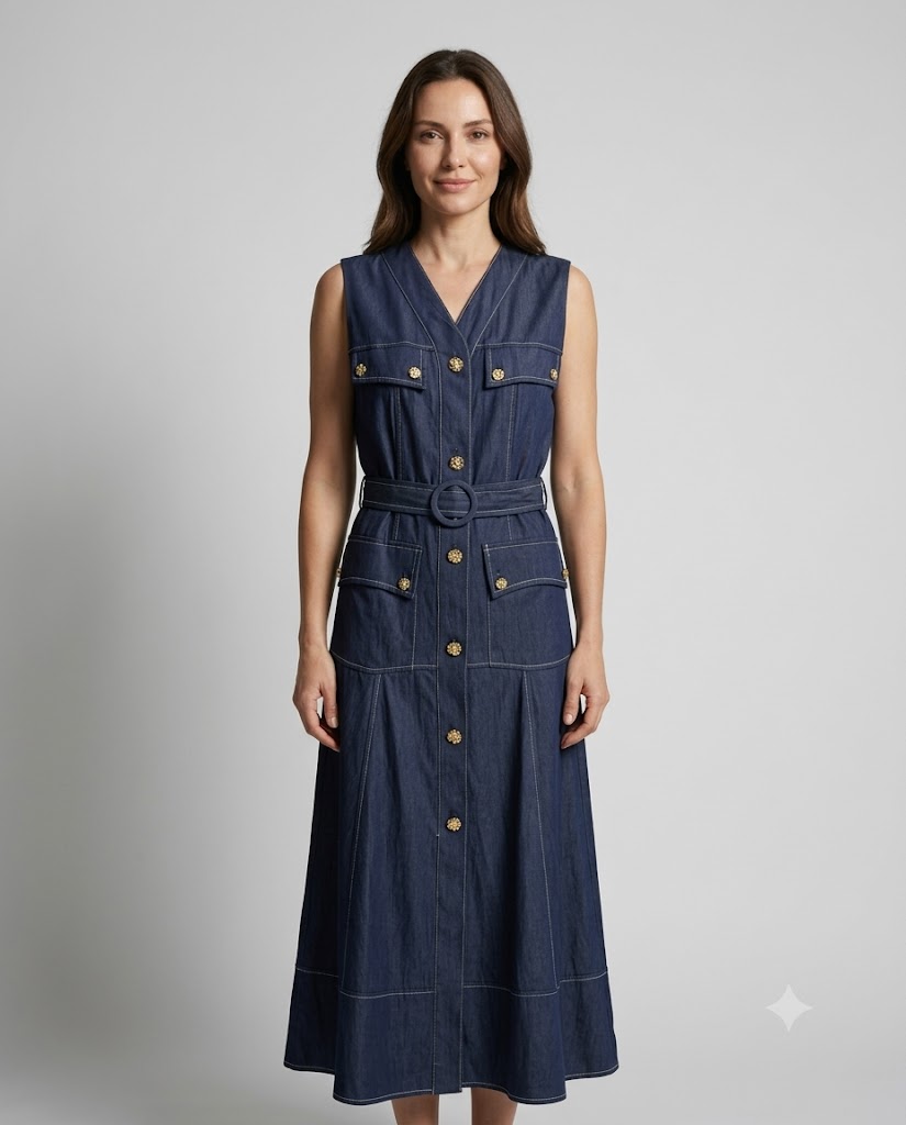 VENDİ MAQRELL Gold Düğme ve Kemer Detaylı Denim Maxi Elbise 1258