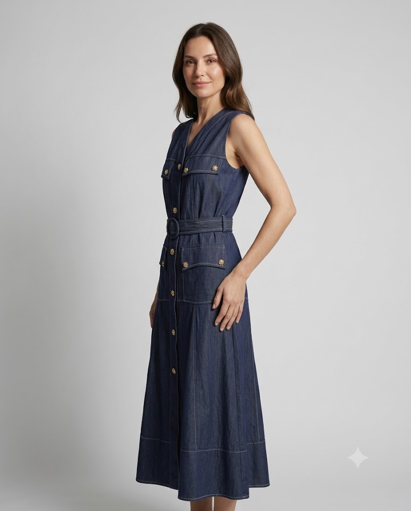 VENDİ MAQRELL Gold Düğme ve Kemer Detaylı Denim Maxi Elbise 1258