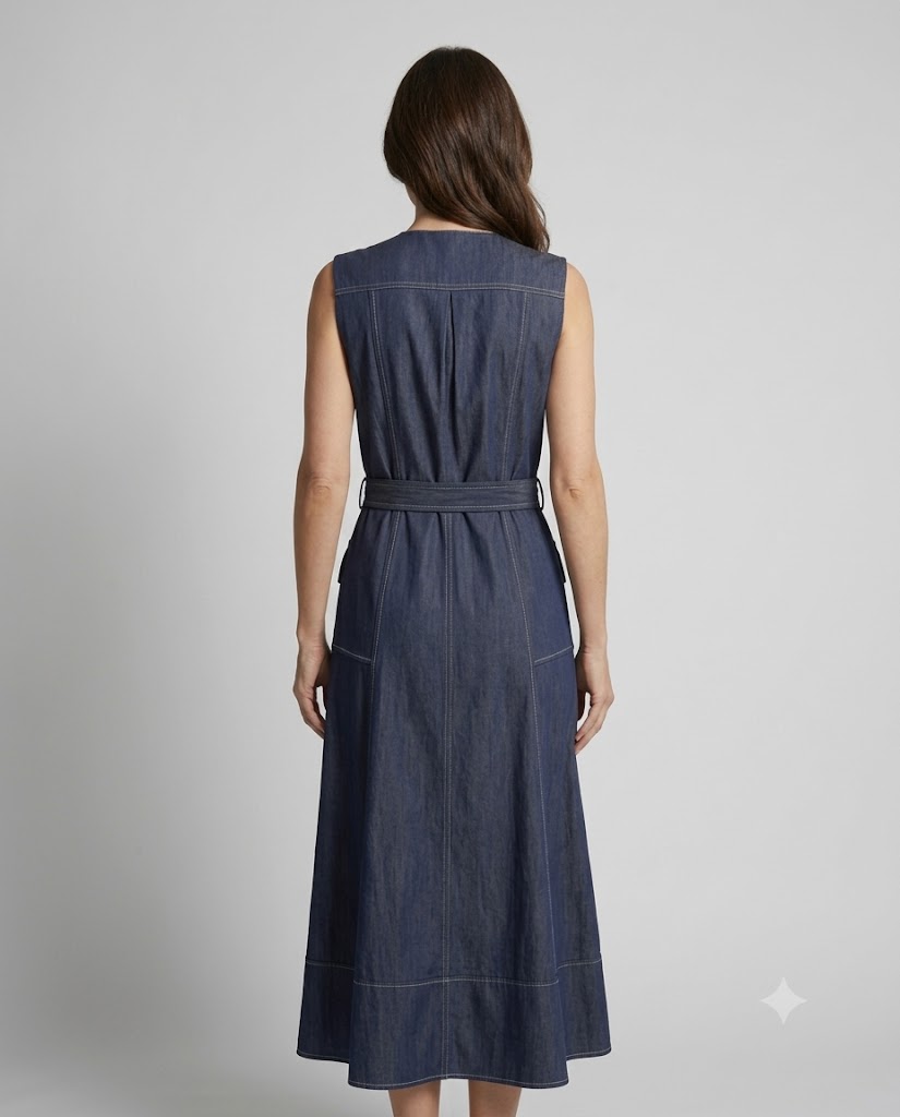 VENDİ MAQRELL Gold Düğme ve Kemer Detaylı Denim Maxi Elbise 1258