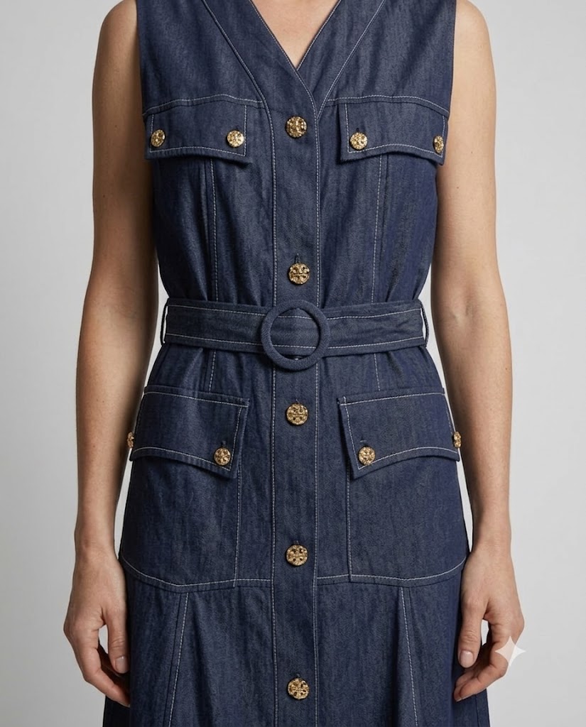 VENDİ MAQRELL Gold Düğme ve Kemer Detaylı Denim Maxi Elbise 1258