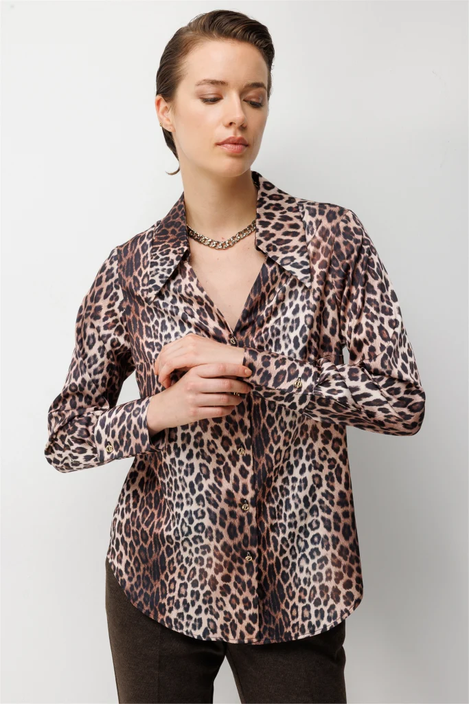 EKOL  Leopar Desenli Saten Gömlek  1027 - leopar