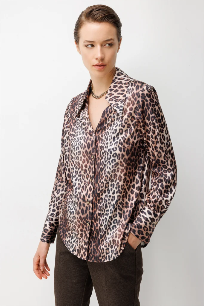 EKOL  Leopar Desenli Saten Gömlek  1027 - leopar