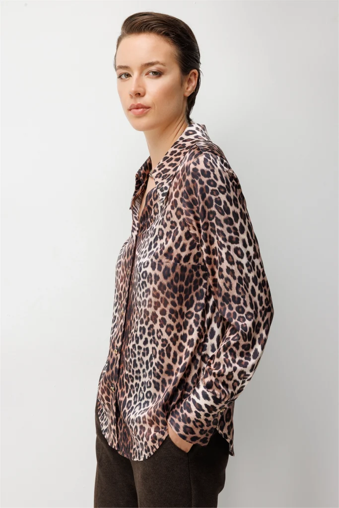 EKOL  Leopar Desenli Saten Gömlek  1027 - leopar