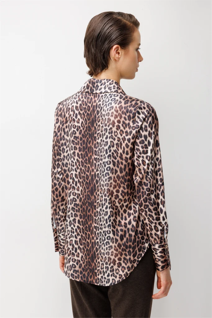 EKOL  Leopar Desenli Saten Gömlek  1027 - leopar